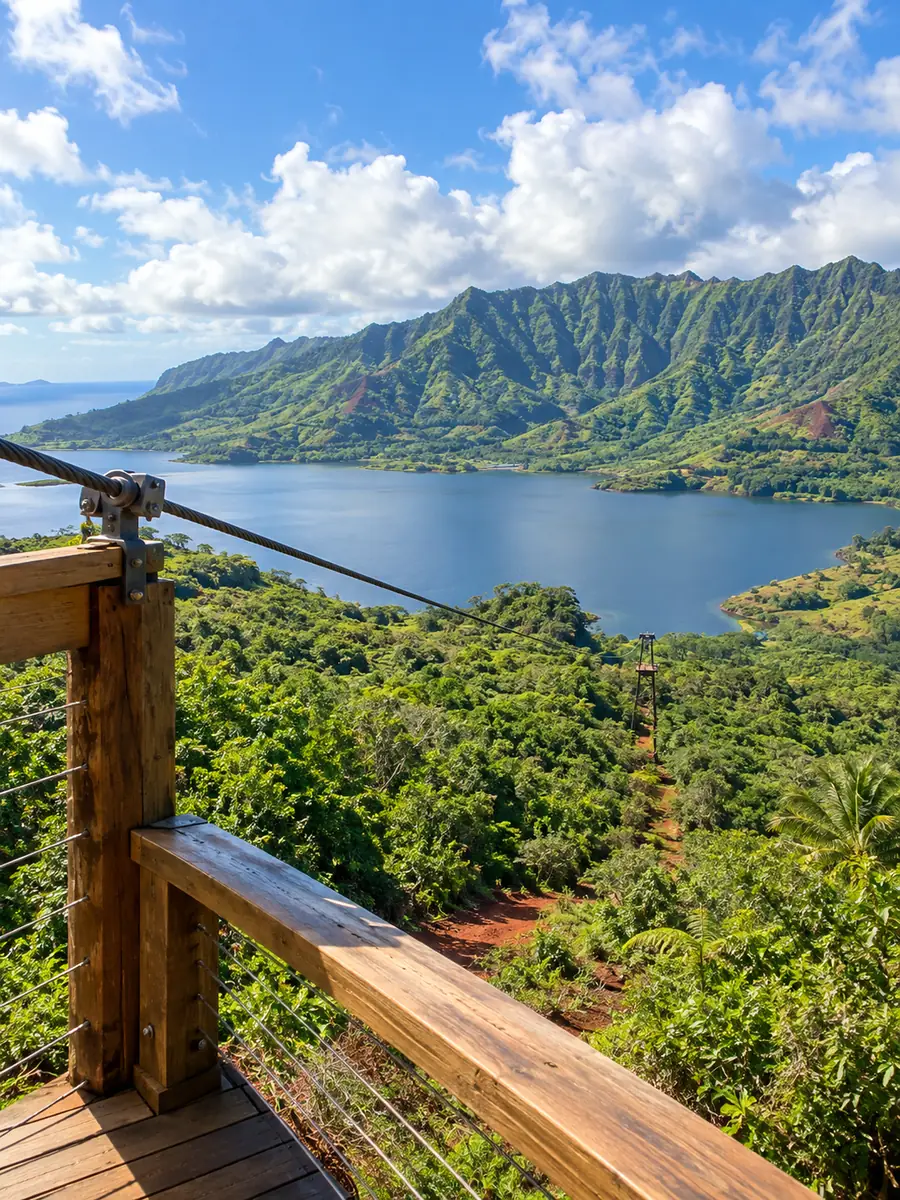 Blick vom Geländer einer Zipline-Plattform entlang des Seils auf einen Stausee und grüne Berge