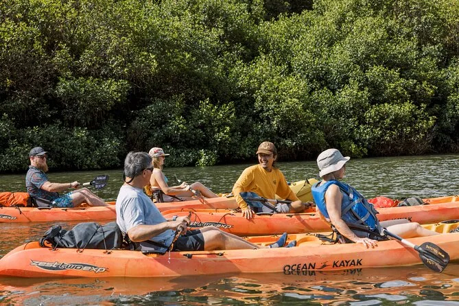 Kayakers paddling on a calm river below green hills