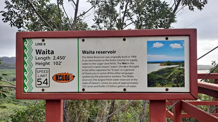 Course sign for Line 8, Waita: 2,450 feet long and 102 feet high