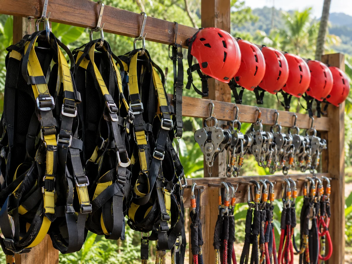 Zipline harnesses and red helmets hanging on a wooden rack