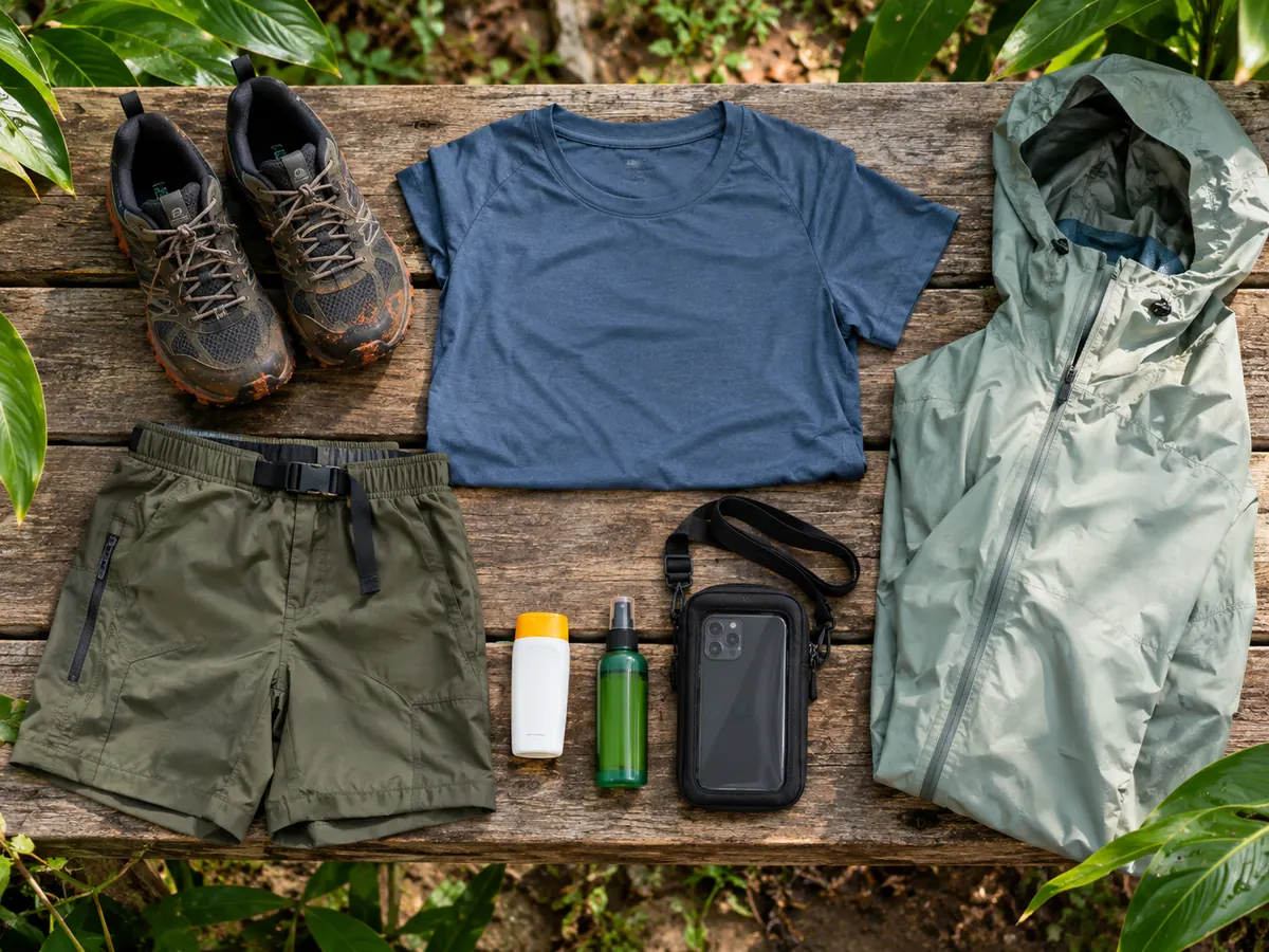 Trail shoes, knee-length shorts, a T-shirt, a rain jacket, sunscreen and a phone pouch on a bench